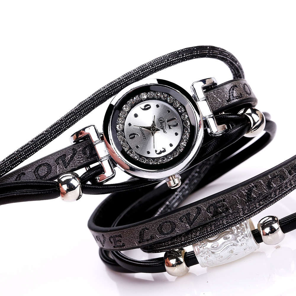 Fashion Luxury Rhinestone PU Leather Women Quartz Watch Bracelet Watch