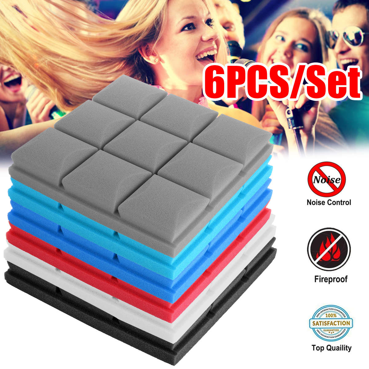 6Pcs 27x27x4 Acoustic Panels Tiles Studio Soundproofing Isolation Wedge Sponge Foam-Red