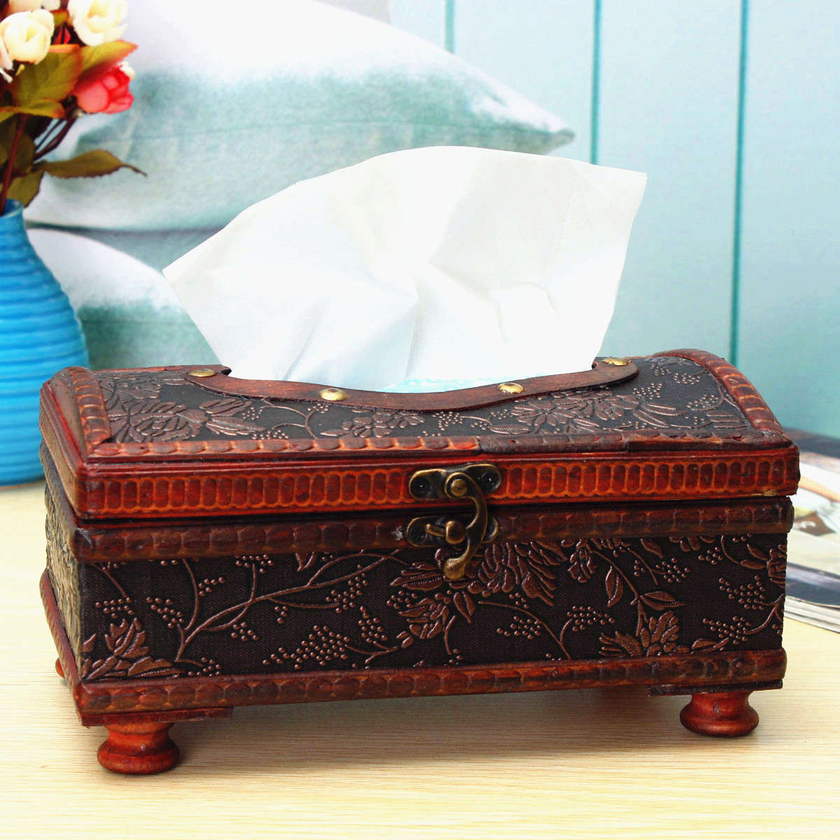 Retro Vintage Wooden Tissue Box Rectangular Paper Cover Case Napkin Holder Gift Kitchen Storage R...
