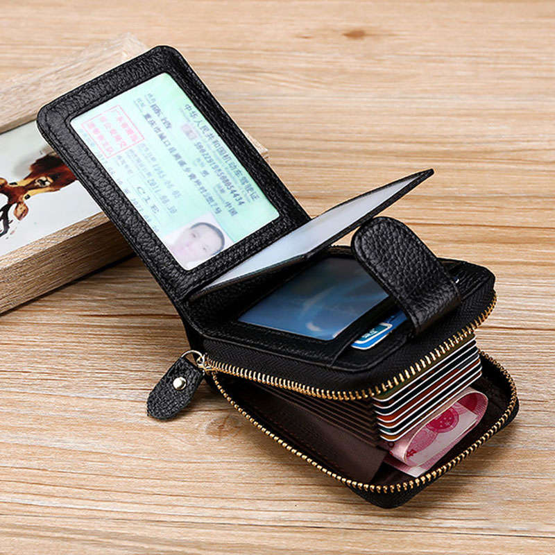 Men Genuine Leather Casual Portable Multi-Card Slot Rfid Anti-Theft Zipper Hasp Driver License Card