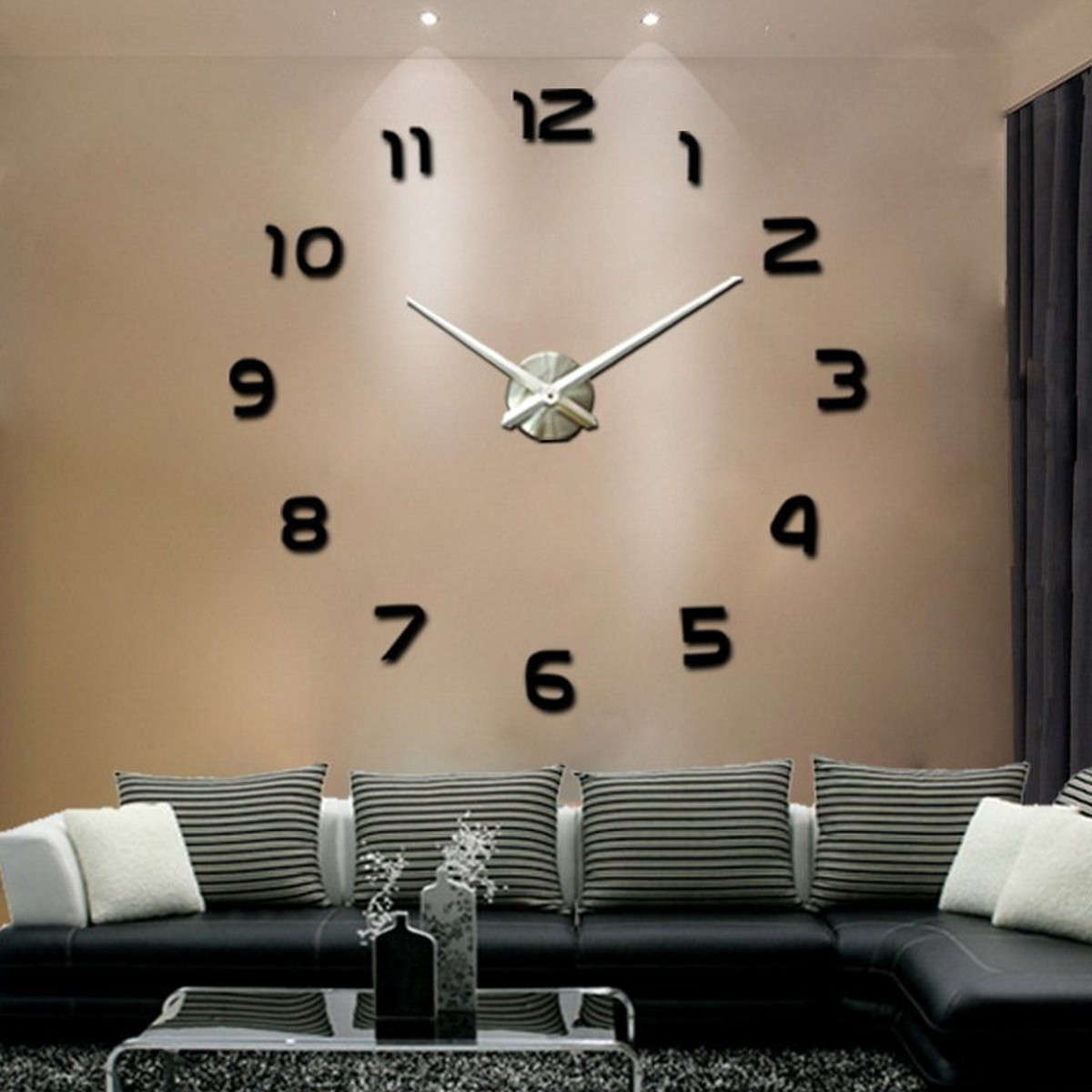 K Govender - Large 3D Number Mirror Wall Sticker Wall Clock - Silver