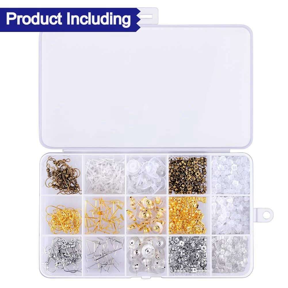 1200Pcs Earring Backs Kit with 15 Style DIY Jewelry Earring backings, Earring hooks and Earrings pos