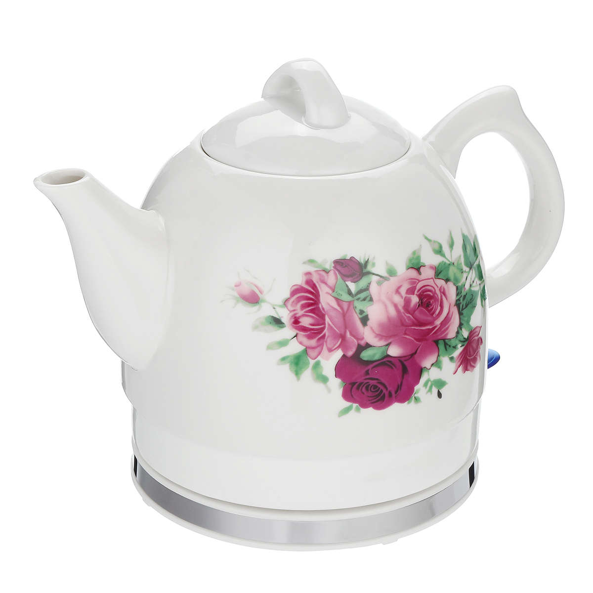 1.2L Electric Tea Water Kettle Ceramic Pot with Floral Rose Variable Temp White