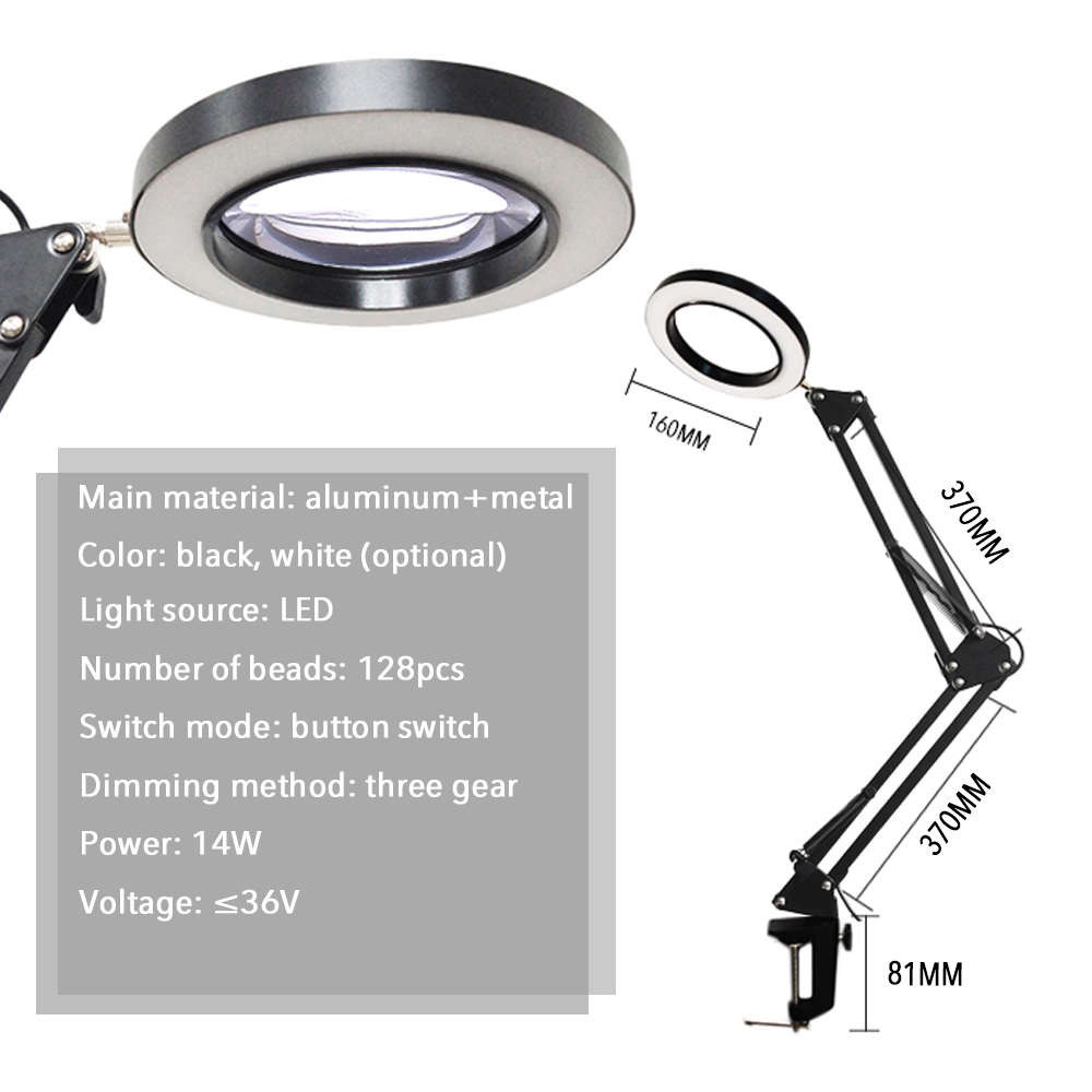 Lighting LED 8X 14W 740mm Magnifying Glass Desk Lamp with Clamp Hands USB-powered LED (Color1 Black)