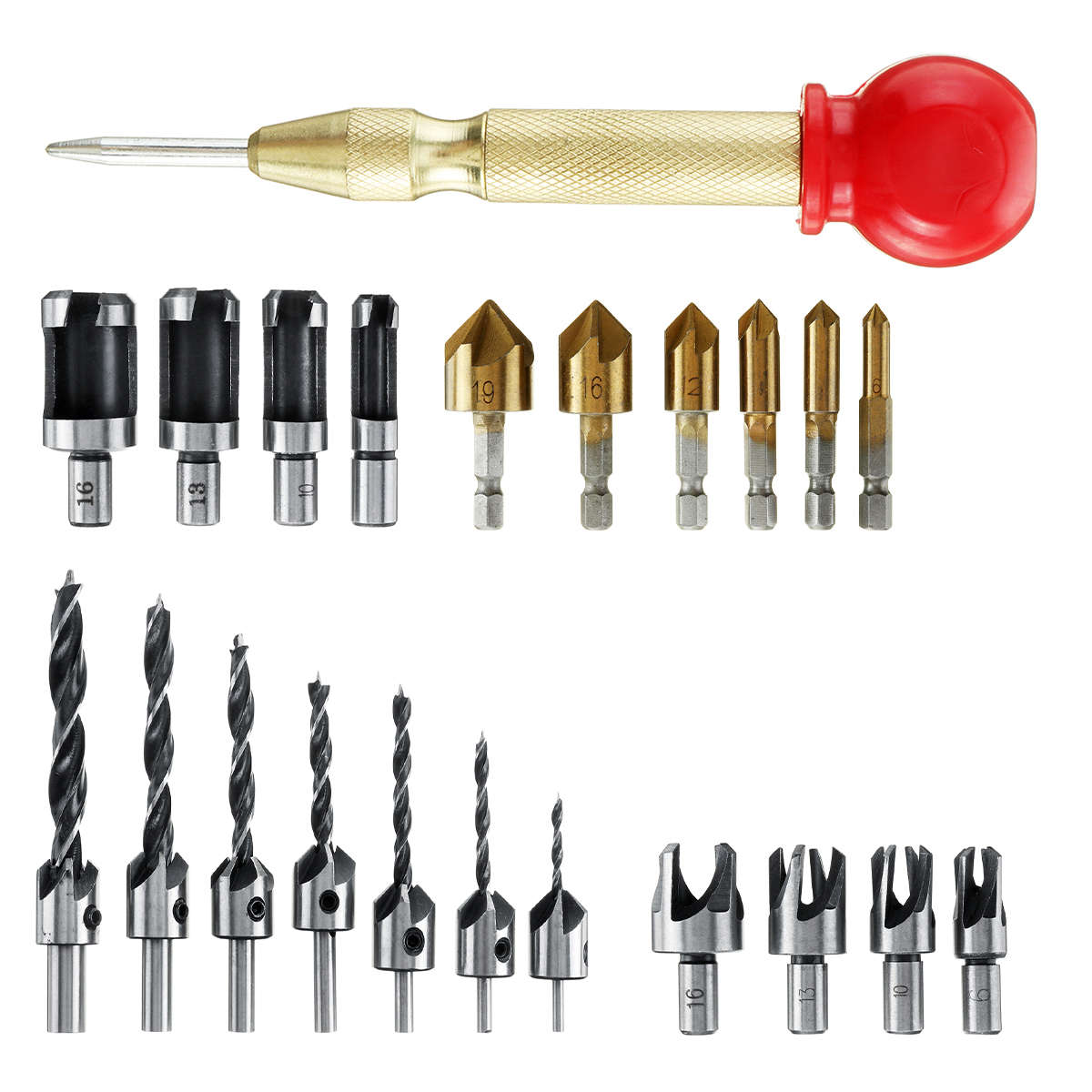 Drillpro 23Pcs Woodworking Chamfer Countersink Drill Bit 6pcs 1/4 Inch Hex 5 Flute 90 Degree Counter