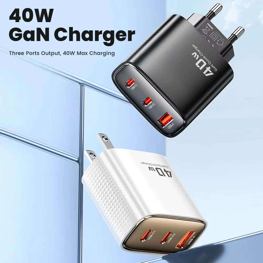 EU Plug - [GaN Tech] Toocki TCT40-22EU 40W 3-Port USB PD Charger USB-A+2USB-C PD Fast Charging Wall