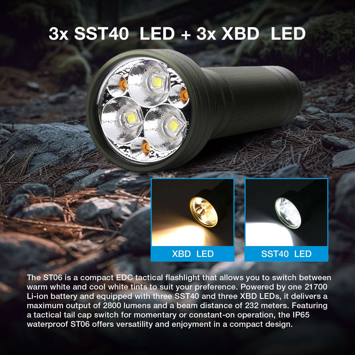 With Battery - Astrolux ST06 6*LED 2800LM Super Bright Tactical Flashlight with 3000K 6500K Dual Col