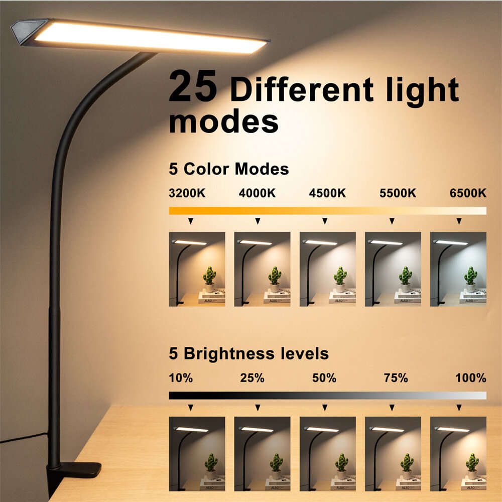 Black - LED Desk Lamp with Clamp 25 Lighting Modes Eye-Caring USB Powered Flexible Gooseneck Adjusta
