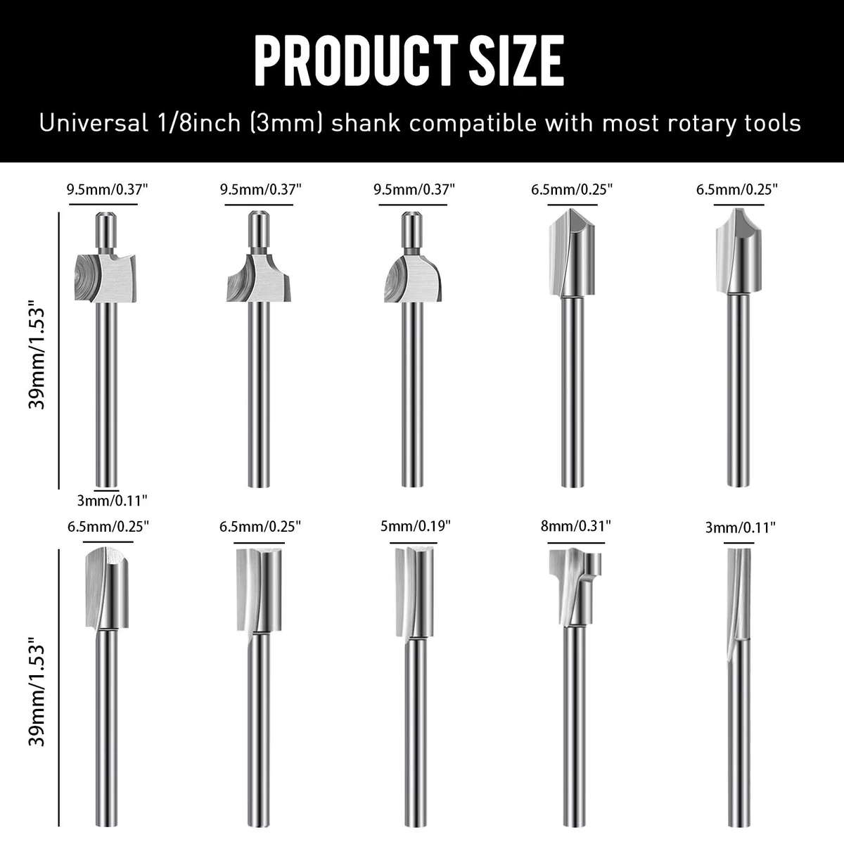 Silver - 20 Piece HSS Woodworking Rotary File Set Universal 3mm Shank Compatible with Most Rotary To