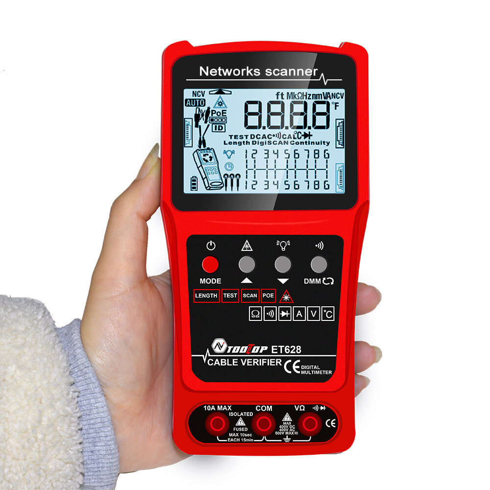 TOOLTOP 3 in 1 Network Cable Tester + Multimeter + Red Light Pen 600M Network Cable Length Measure A