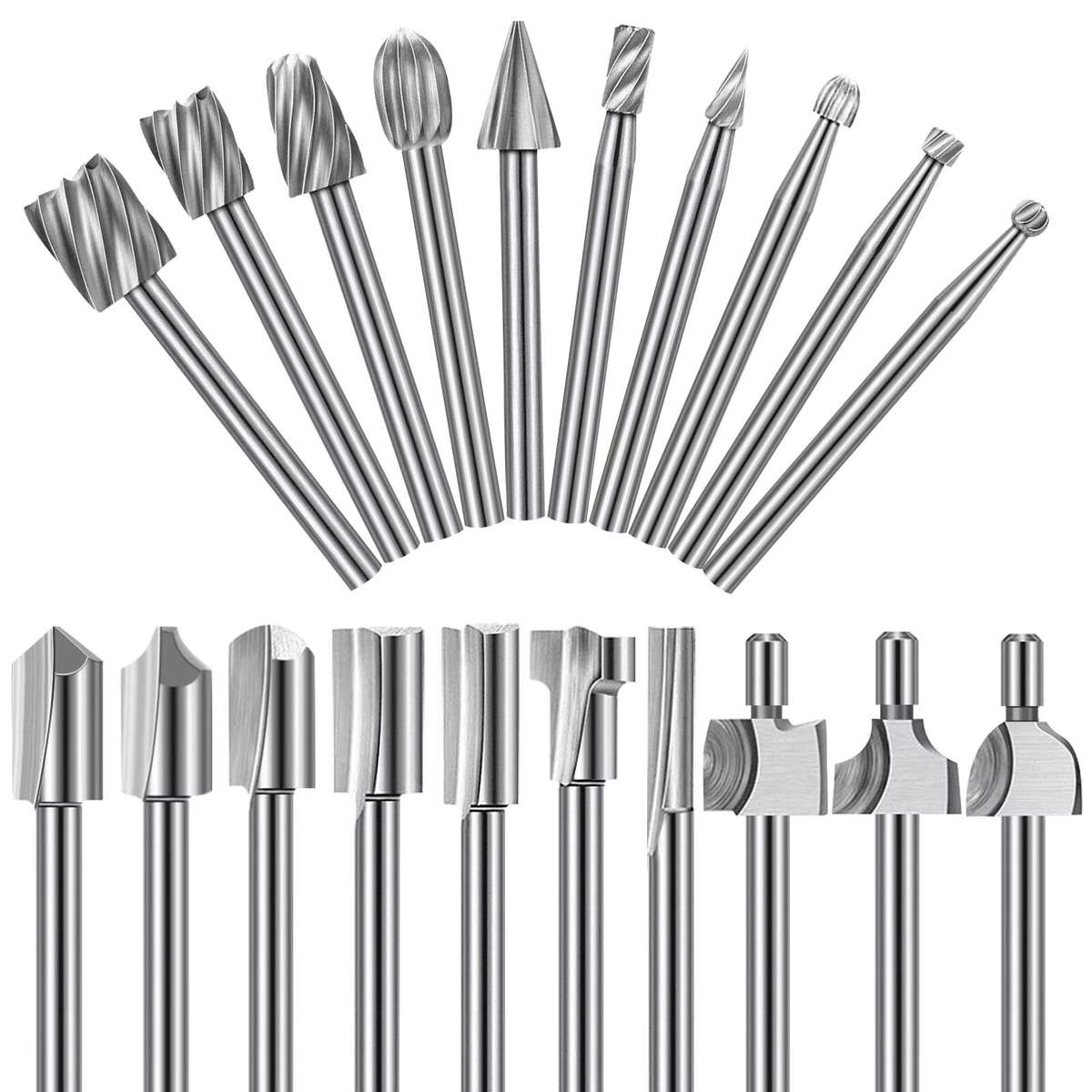 Silver - 20 Piece HSS Woodworking Rotary File Set Universal 3mm Shank Compatible with Most Rotary To