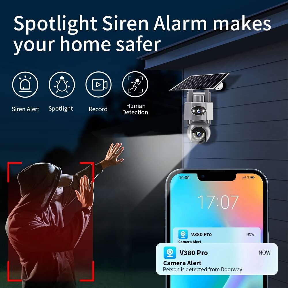 4G - V380 6MP Dual-Lens Solar PTZ Security Camera Full-Color Night Vision Human Motion Two-Way Audio