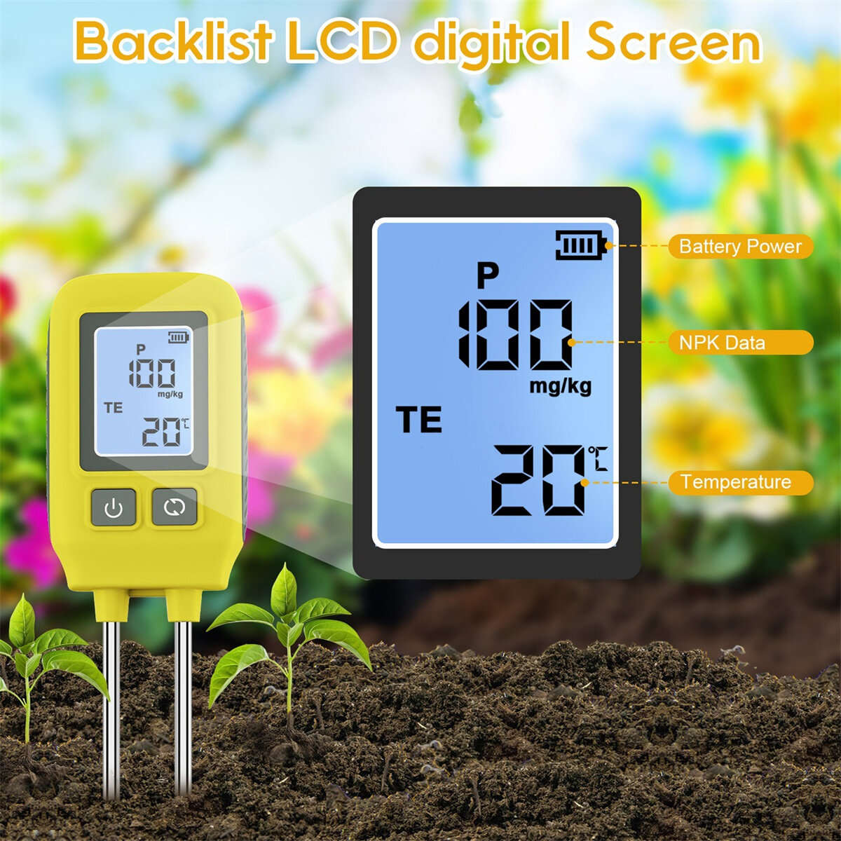 Yellow - 4in1 Soil Tester N/P/K Tester Digital LCD creen -10 to 80 Temperature Meter High Accuracy S