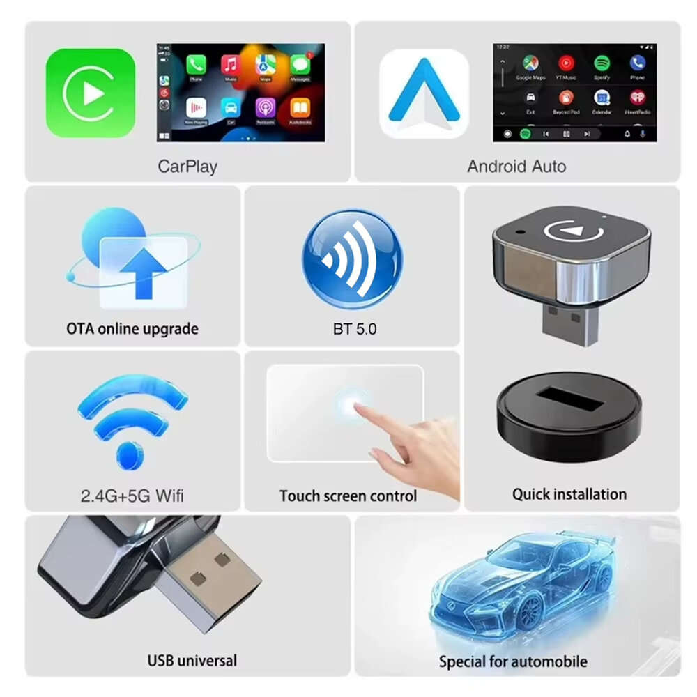 Silver - LAESD Q1A 2 in 1 Wireless CarPlay Android Adapter Dual-Band 2.4GHz 5GHz Plug and Play Auto-