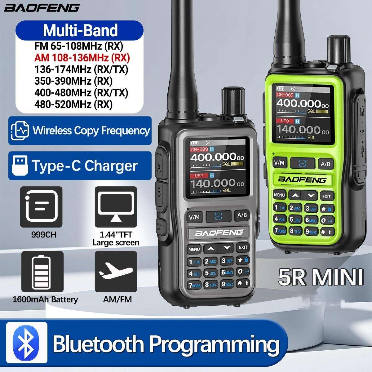 Grey - 1Pcs Baofeng UV-5R Mini 5W Power Multi-Band Walkie Talkie 999 Channels bluetooth Programmable