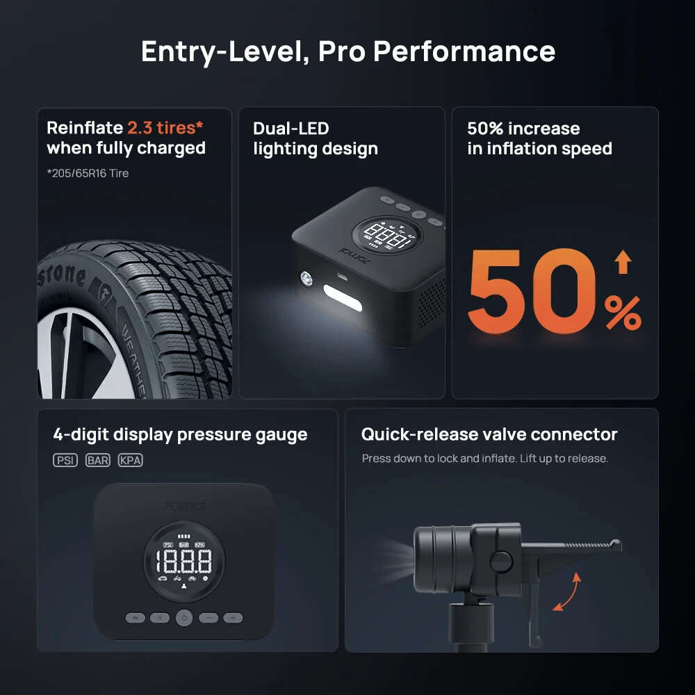 Black - 70mai TP07 Cordless Air Compressor 2 150PSI Tire Inflator Digital Display Portable Wireless