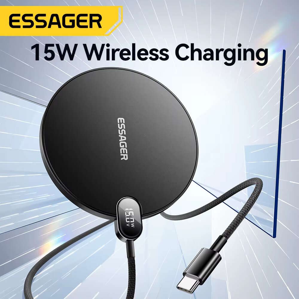 Black - ESSAGER ES-WX15 15W Wireless Charger with LED Power Display Fast Wireless Charging Pad for S