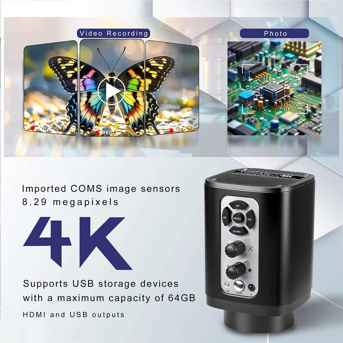 Upgrade - XHU6001 4K Digital Microscope for HDMI Camera 160X Sony IMX415 Sensor Magnification USB Ou