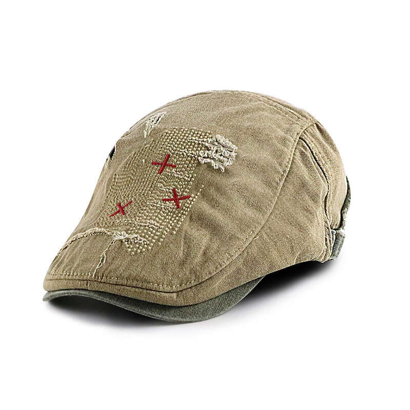 Army Green - Collrown Denim Beret Hat Vintage Casual Flat Hat for Men Embroidery Patchwork Aged Peak