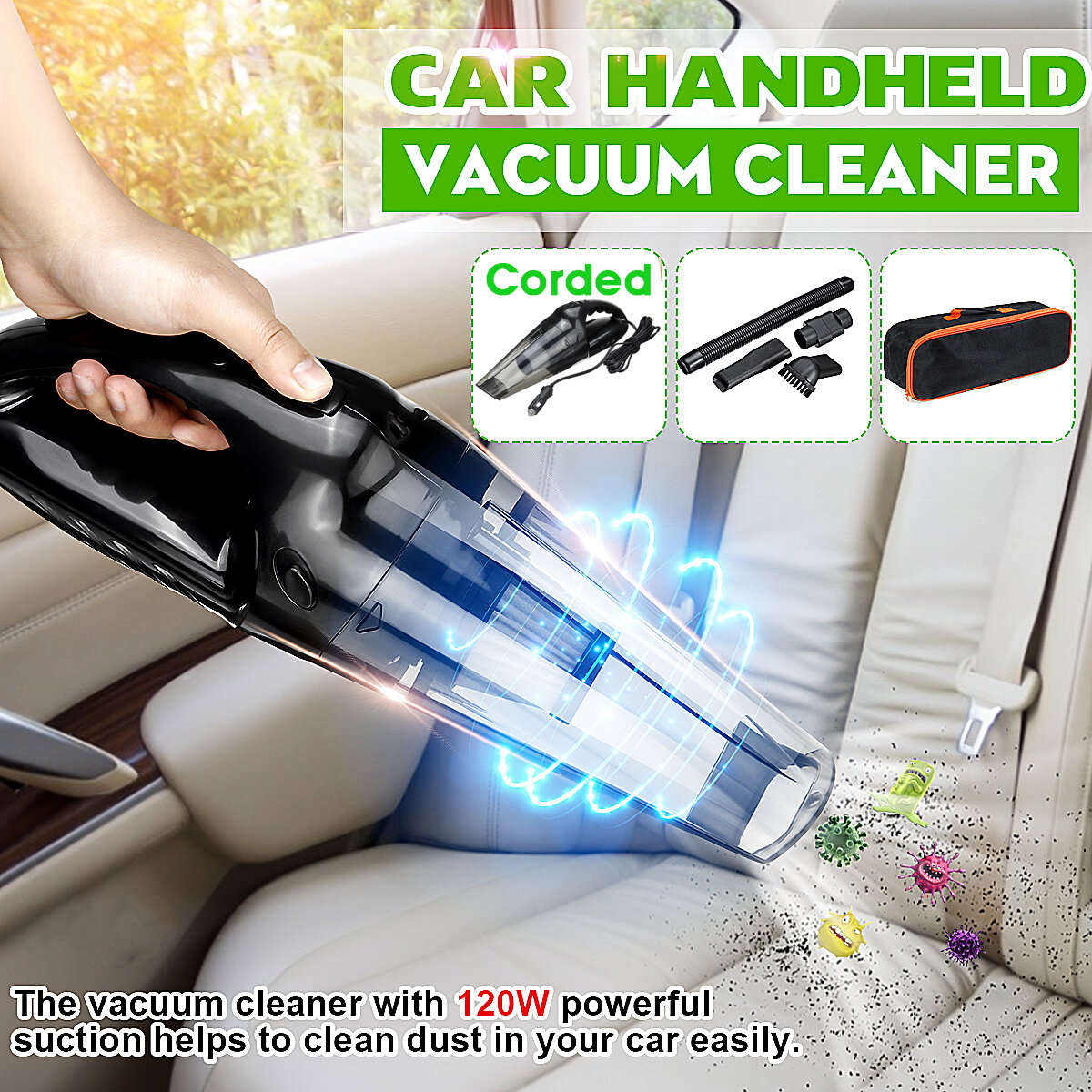 Black - 120W Portable Auto Car Handheld Vacuum Cleaner Duster Wet & Dry Dirt Suction with LED Light