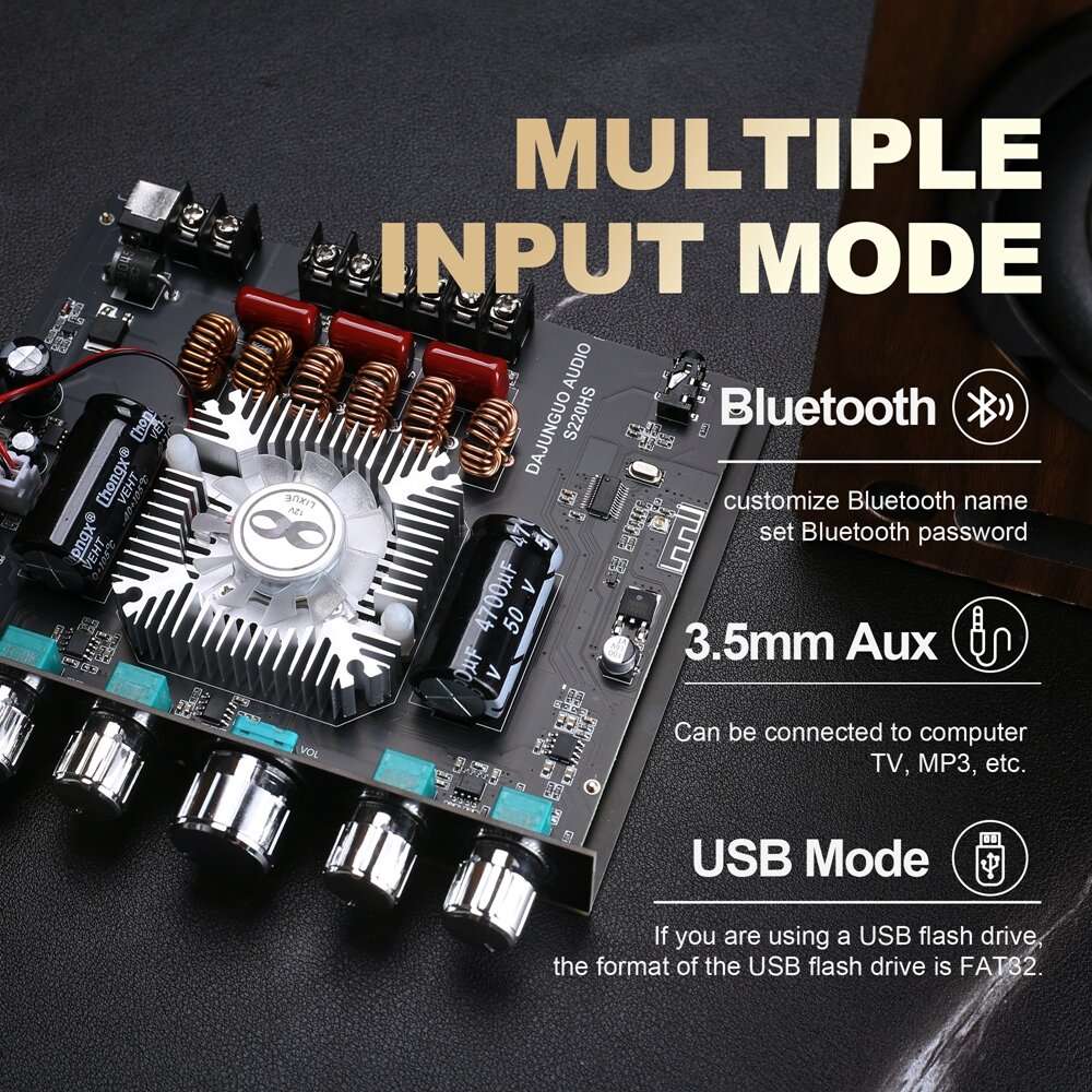Black - S220HS bluetooth Power Amplifier Board 2.1 Channel TDA7498E 160Wx2+220W 12V-38V Audio Power