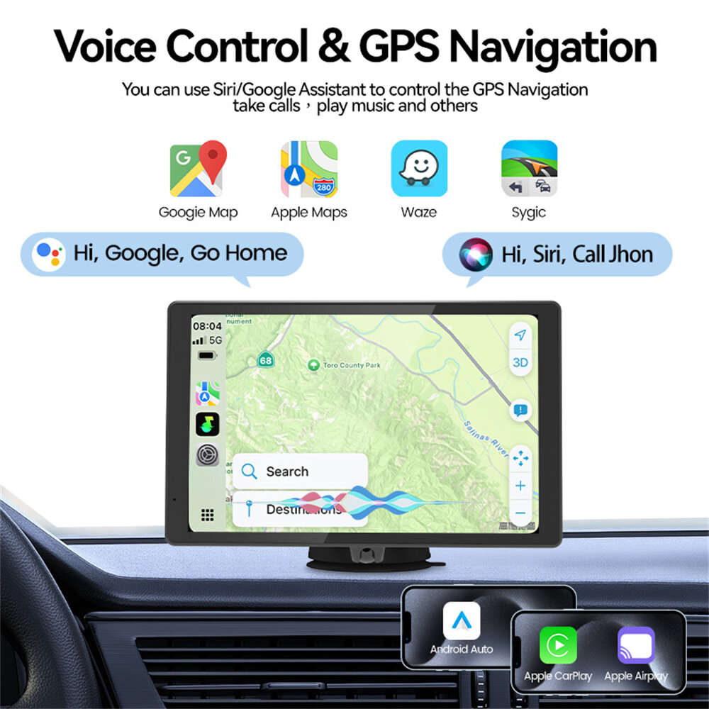 with Camera - 8 Inch IPS 4K HD Touch Screen Wireless Portable Carplay Android Auto Display Dual Lens