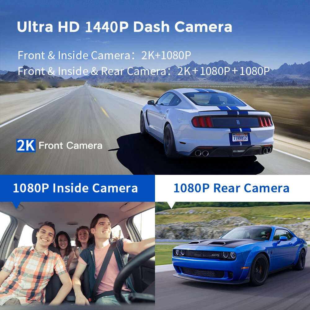 128GB - 3 Channel Dash Cam Car Dash Camera With GPS WiFi IR Night Vision Camcorder