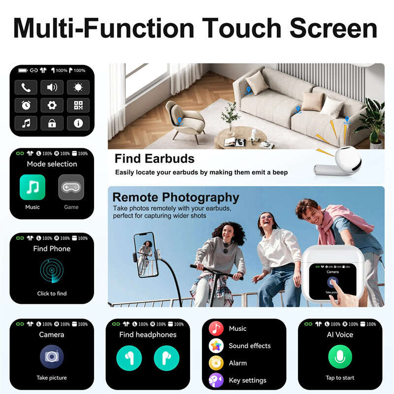 White - T13 AI Translation bluetooth 5.4 Earphone with Touch Screen Function 13mm Dynamic Coil Low L