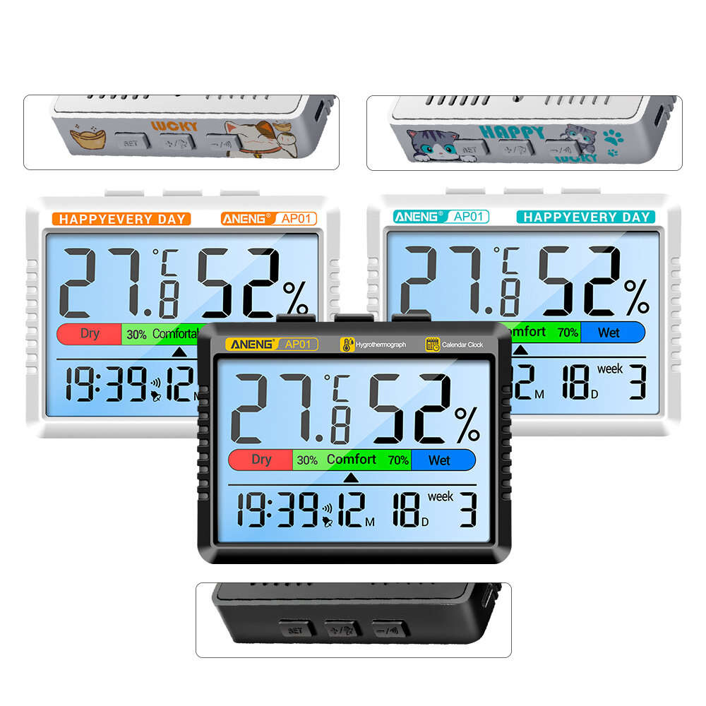 White 1 - ANENG AP01 Thermohygrometer Clock with Backlit LCD Display Real-Time Temperature and Humid