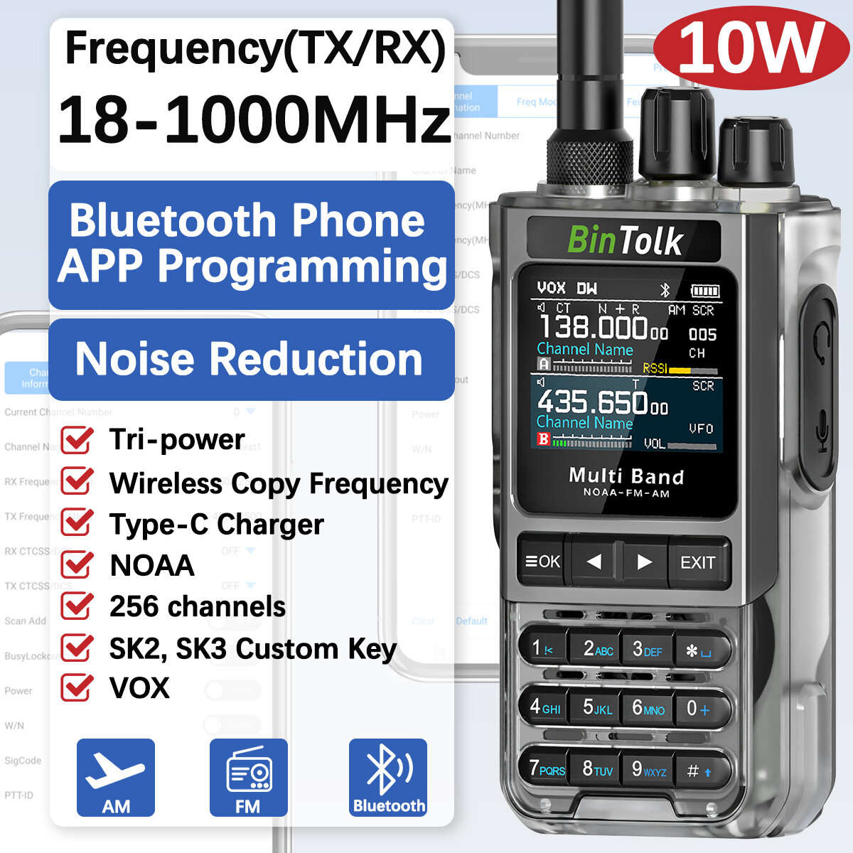 bluetooth+Frequency Writing Cable - BinTolk BT8200 10W Tri Power Two Way Radio Walkie Talkie 256CH W