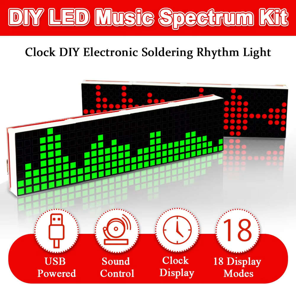 Red Square - DIY LED Music Spectrum Kit DS1302 Dot Matrix Clock USB 18 Modes DIY Soldering Rhythm Li