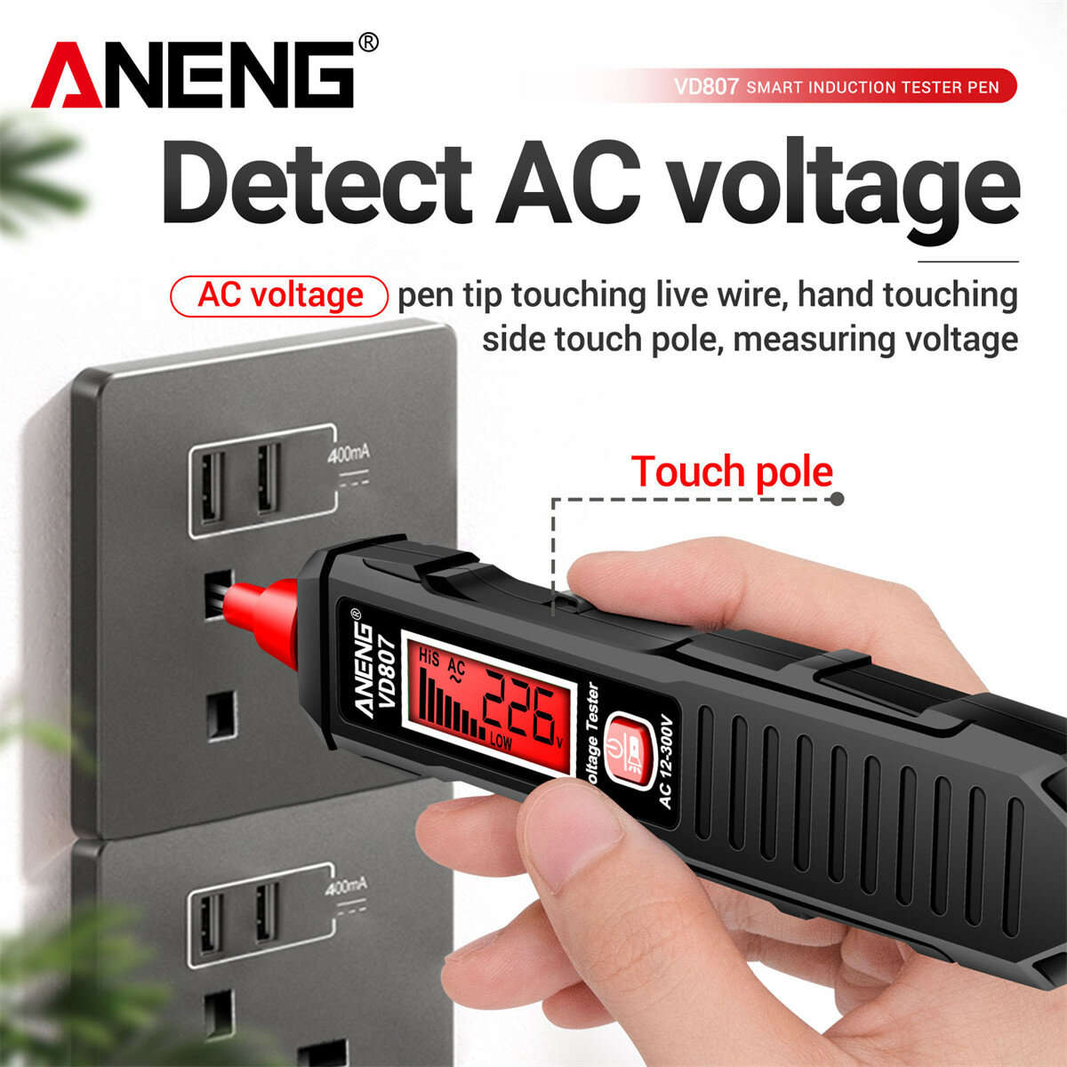 Black - ANENG VD807 Voltage Tester Pen High-Sensitivity Induction 12-300V Measurement Range with Sou