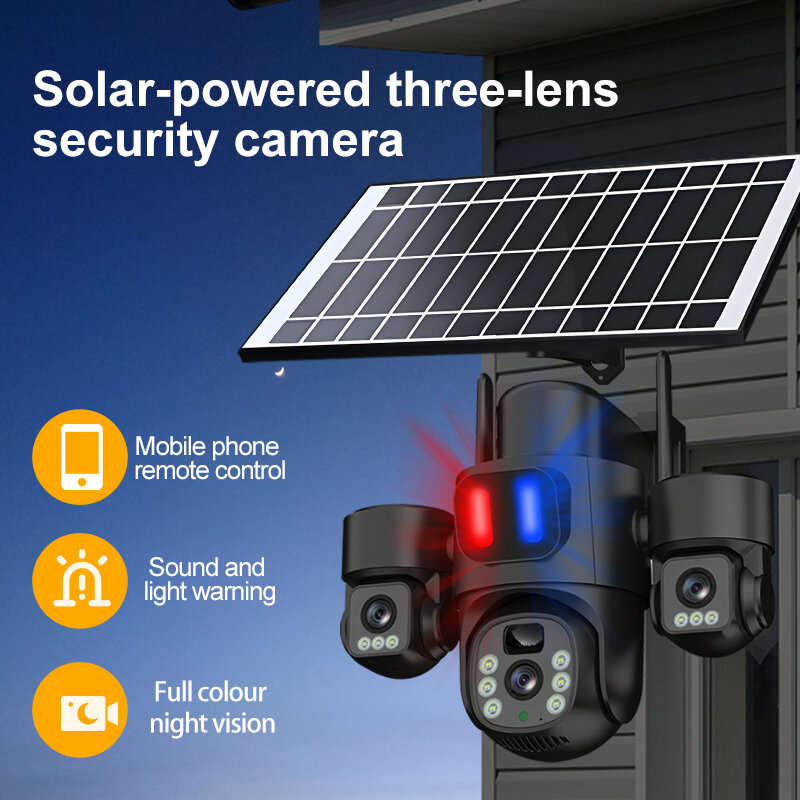 4G - Three Lens 6MP HD Solar Powered Security Camera 5X Zoom PTZ Color Night Vision Red Blue Alarm W
