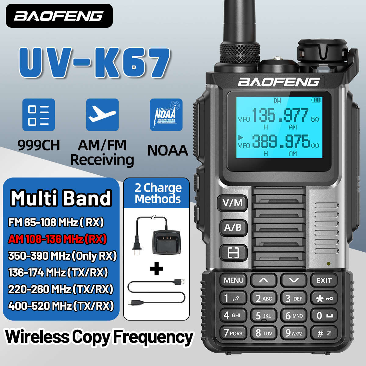 Baofeng UV-K67 High Power Walkie Talkie 999CH Multi-band Wireless Copy Frequency Type-C DTMF NOAA Tw