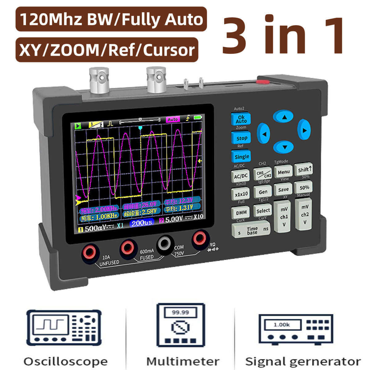 3 in1 Digital Oscilloscope Multimeter Signal Generator 120MHz IPS Display Dual Channel FFT Zoom Mode