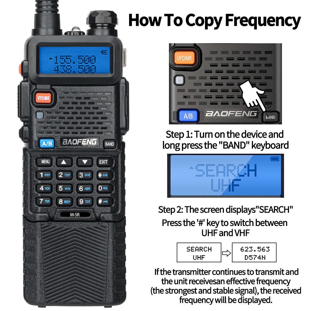 5W - Baofeng M-5R Walkie-Talkie 5W 8W Power Extended Version One-Key Frequency AM Aviation Full-Band