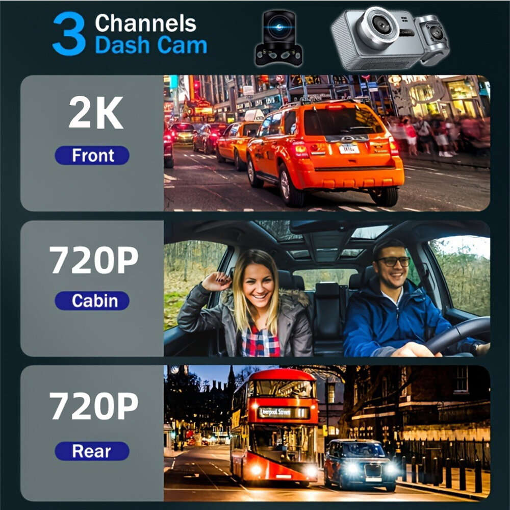 Buck Line - S2Q Dash Cam 3 Channel Front 2K Cabin 720P Rear 720P Wide Angle Lens Motion Detection G