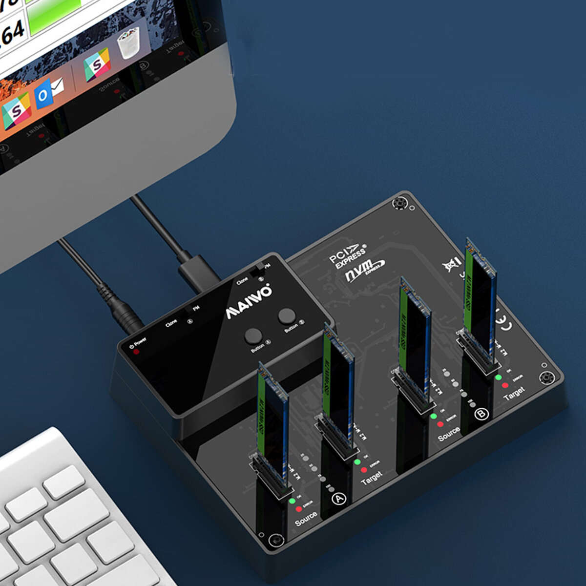 EU Plug - MAIWO 4-Bay M.2 NVME SSD Cloner Duplicator USB3.1 Gen2 10Gbps 4-Bay Offline Copy Tool-Free