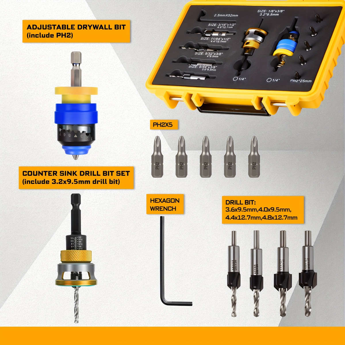 Yellow - Adjustable Depth Countersink Drill Bit Set with 5 Tungsten Carbide Drill Bits Hex Shank Pro