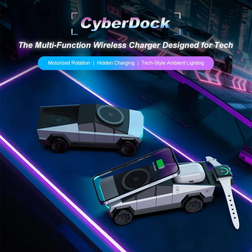 Grey - 3 in 1 CyberDock Multi-Function Wireless Charger Fast Charging Station Magnetic Phone Stand F