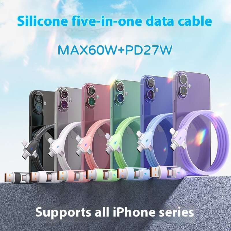 Blue - 60W 5-in-1 Cable USB-A/Type-C to iP/Micro/Type-C Cable Fast Charging Data Transmission Pure C