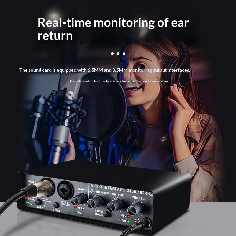 Black - Q-24 Computer Soundcard External USB Audio Interface 24 Bit/192kHz 2 In 4 Out Sound Card wit