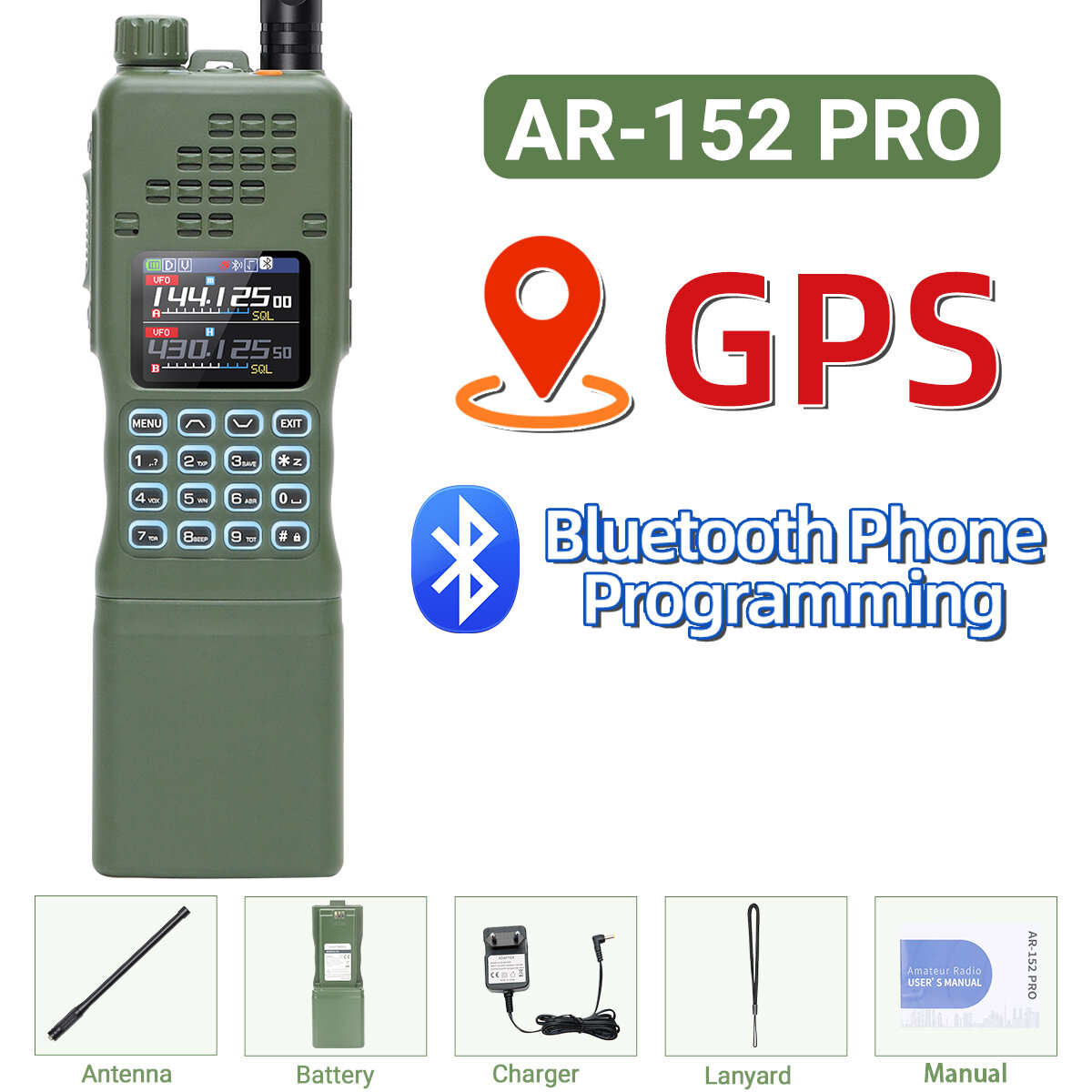 EU Plug - BAOFENG AR-152 PRO GPS Walkie Talkie Long Range bluetooth Programming 10W Multi Band 12000