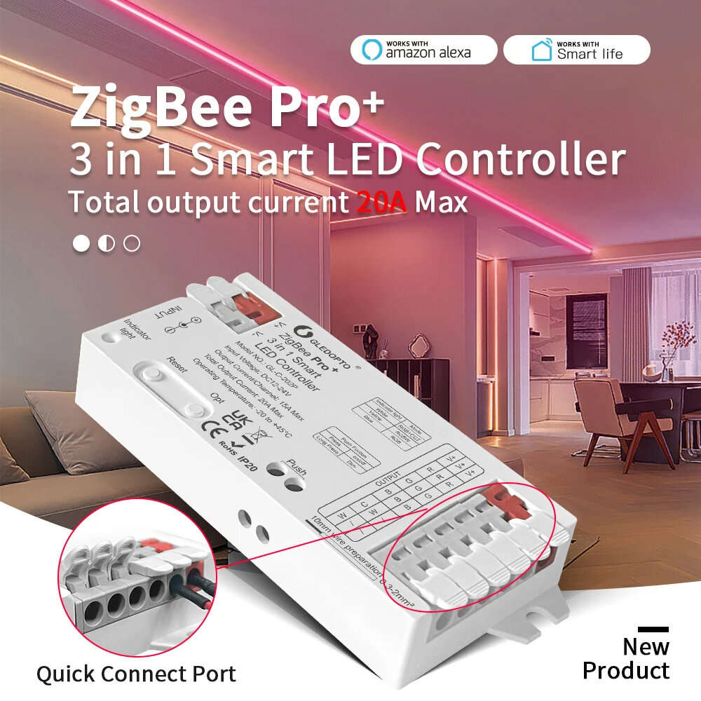 GLEDOPTO C-202P ZigBee3.0 Pro+ 3 in 1 LED Strip Controller 20A Max RGBCCT/RGBW/RGB Home Tuya Smart L