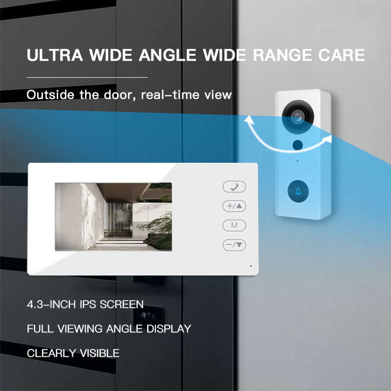 White - WF006-KP2 Video Doorbell 4.3 Inch IPS Screen Two Way Intercom Night Vision Wireless Installa