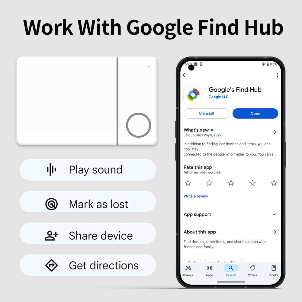 Black - Google Smart Card Tracker for Find My Device Android Phone Wallet Keys Long Battery Wireless