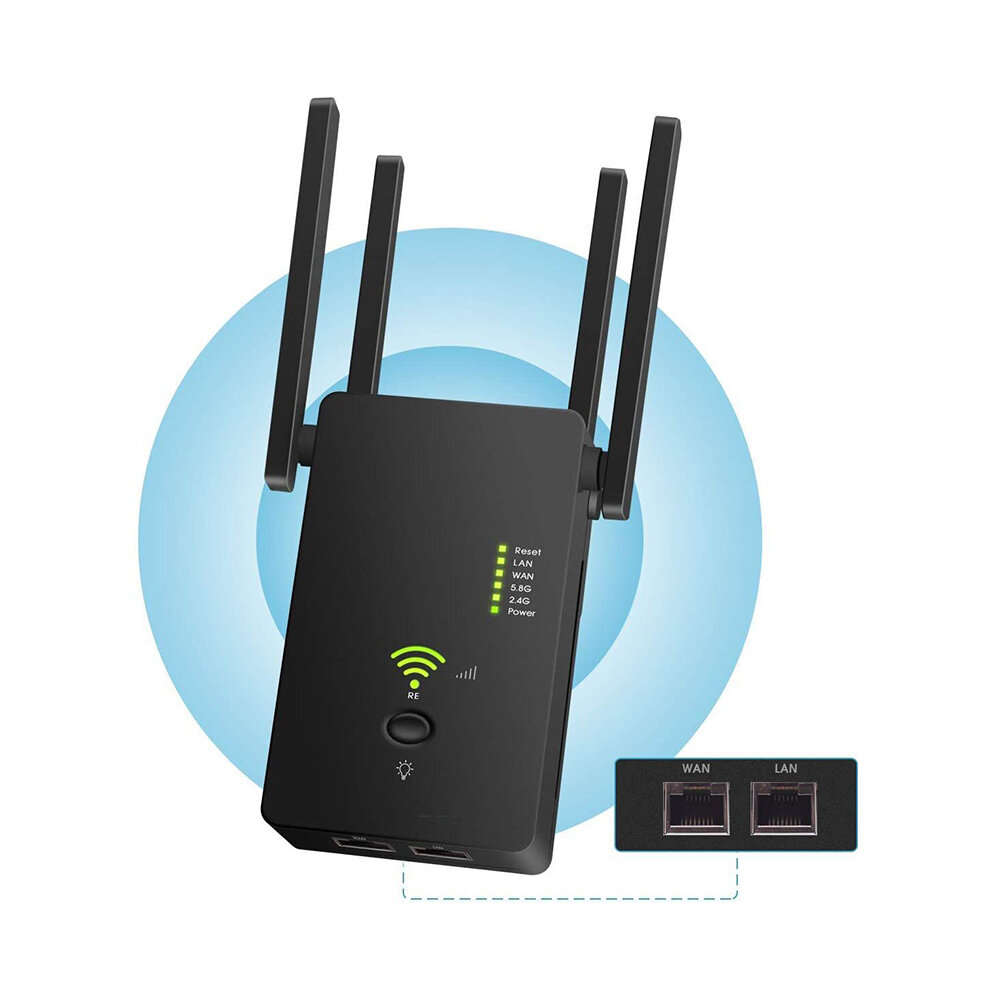Black - 1200M Dual Band Wireless AP Repeater 2.4GHz 5.8GHz Router Range Extender WiFi Amplifier Sign