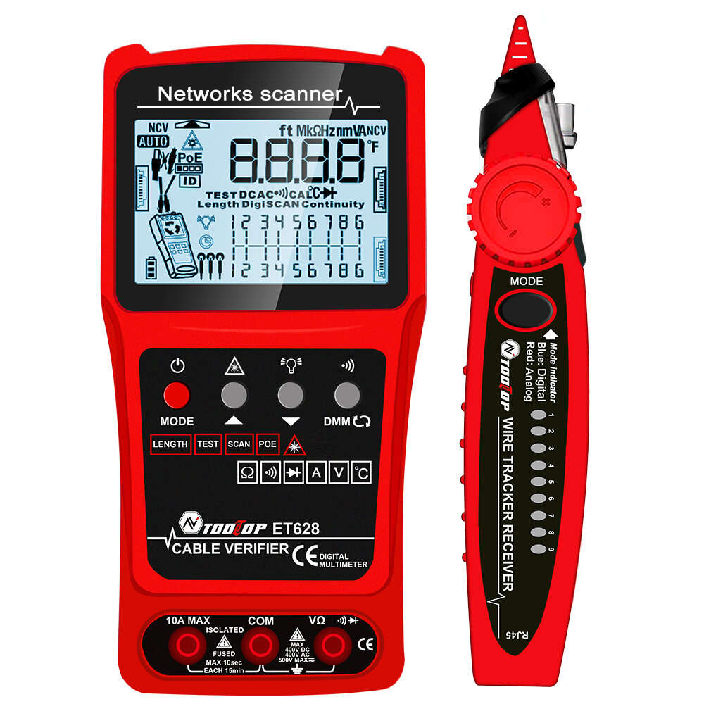 TOOLTOP 3 in 1 Network Cable Tester + Multimeter + Red Light Pen 600M Network Cable Length Measure A
