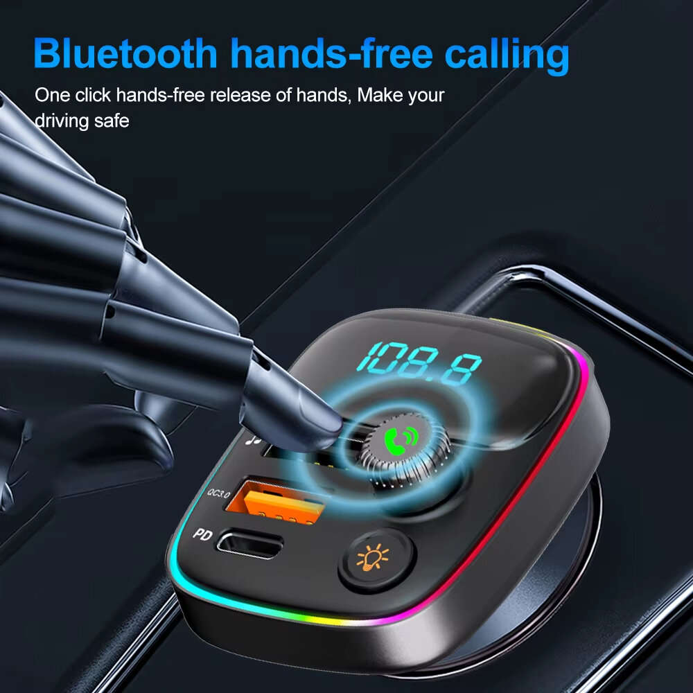 30W - Car FM Transmitter PD Type C Dual USB Ambient Player MP3 Charger Bluetooth 5.3 Wireless Light