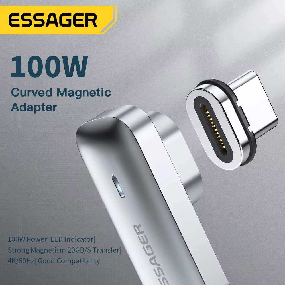 Grey - Essager ES-OTG10 PD100W Magnetic USB-C OTG Adapter Fast Charging Type-C Magnet Connector 20Gb